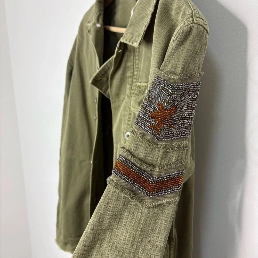 Free People Green Embellished Military Shirt Jacket Size Small - Picture 7 of 12